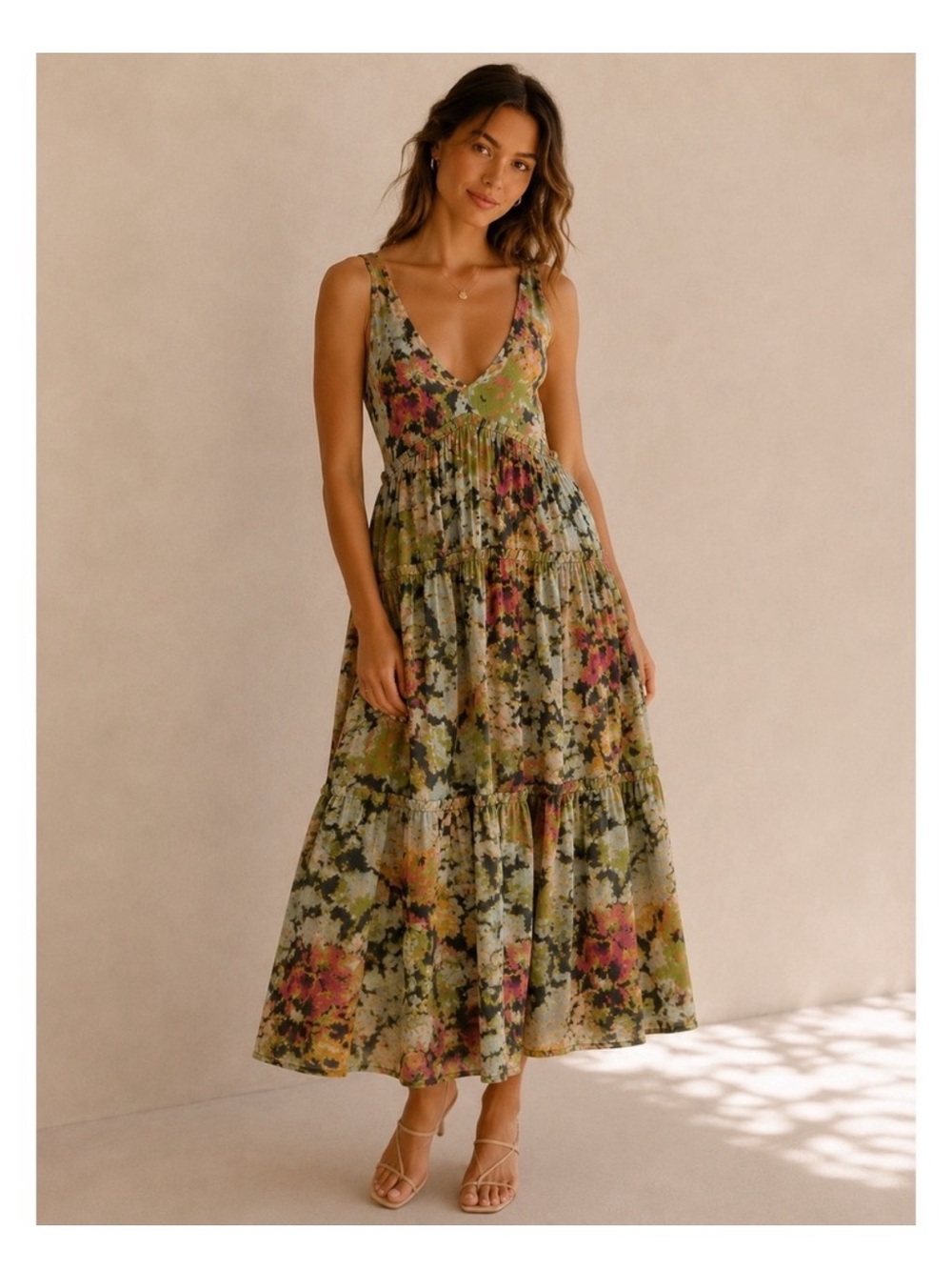 Free People Green Multi Floral Tiered V-Neck Maxi Dress
